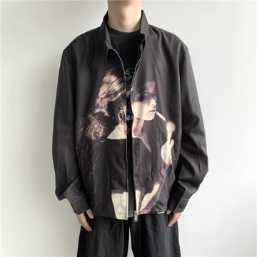 春夏薄款高橋盾吸煙少女夾克歐美寬松復古潮流人像印花防曬外套男