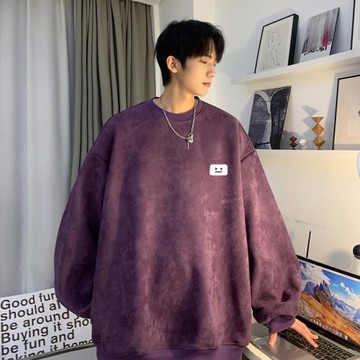 麂皮絨衛衣男美式復古重磅圓領套頭打底衫春秋潮牌寬松休閑運動服