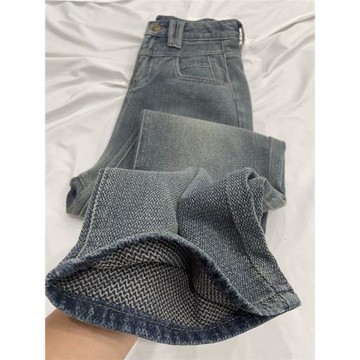 星空紋牛仔褲女2025春秋大碼胖mm顯瘦高腰直筒褲寬松闊腿窄版褲子