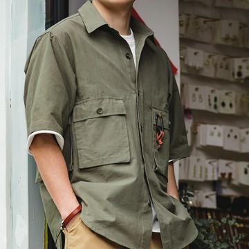 馬登工裝美式復古寬松山系戶外短袖襯衫疊穿軍綠oversize襯衣男潮