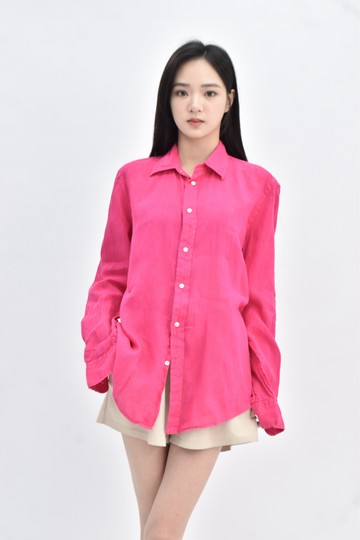 (S) polo ralph lauren 亞麻長袖全麻粉色襯衫上衣