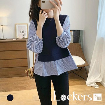 【Lockers 木櫃】秋季圓領假兩件條紋襯衫上衣 L112090406