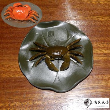宜興紫砂變色茶寵荷葉螃蟹雕塑荷花擺件可養功夫茶具創意個性茶玩