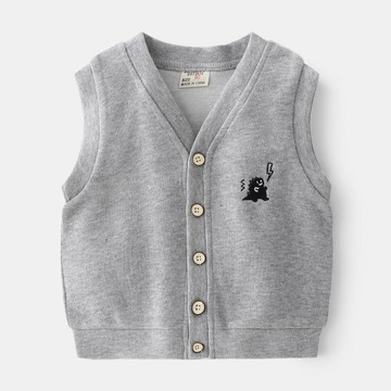 WELLKIDS - V領針織開衫背心-恐龍刺繡-灰色
