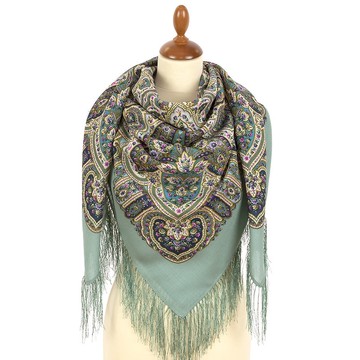 Pavlovo Posad 俄羅斯披肩 100% 羊毛圍巾 125x125 公分 絲綢流蘇 款式 1936-11