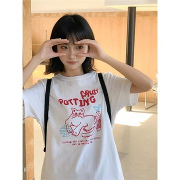 忠犬小八梨形自制印花白色短袖t恤女夏寬松小個子可愛上衣涼感