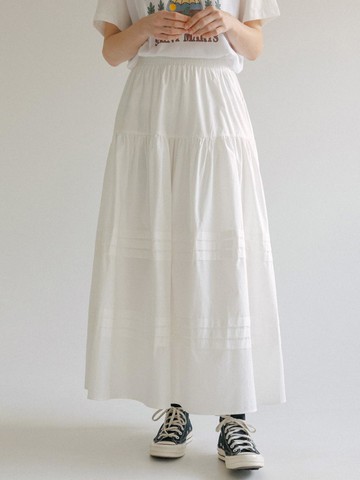 Cotton Pintuck Flare Maxi Skirt