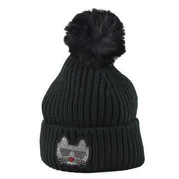 KARL LAGERFELD 水鑽徽章墨鏡貓咪毛球毛帽-黑色