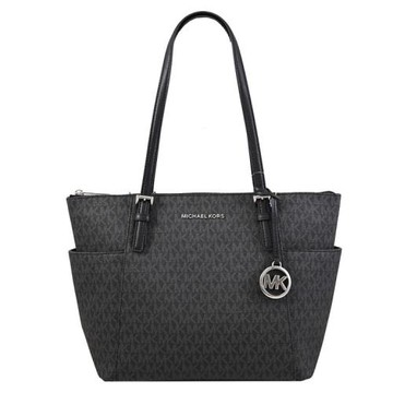 MICHAEL KORS JET SET ITEM 印花皮革金屬LOGO肩背托特包.黑灰