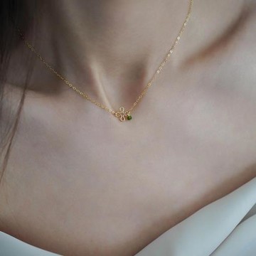 美國14k包金手工小眾設計清新透輝石四葉草項鏈鎖骨鏈女洗澡可戴