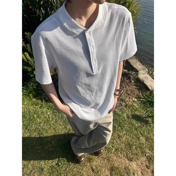 美式復古純色亨利領華夫格短袖T恤男女同樂高街Cleanfit上衣服ins肩寬爆袖t 休閒亨利衫 春夏季短袖亨利衫