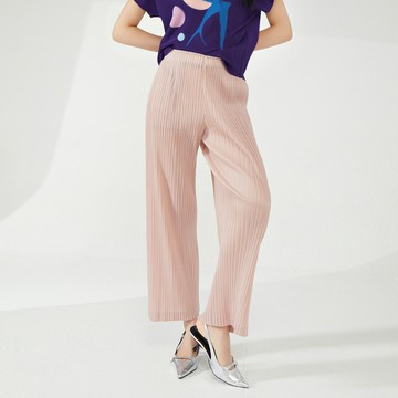 ??三宅直筒褲女夏季新款松緊腰純色九分百搭褶皺褲休閑褲子薄款