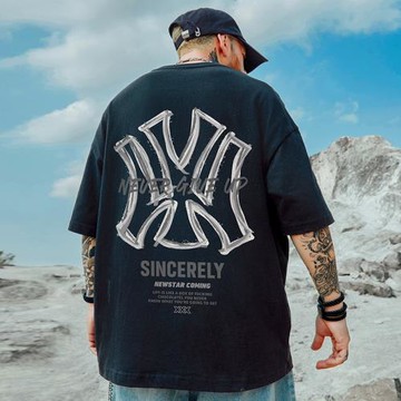 歐美高街潮牌寬松T恤短袖男加肥加大五分袖純棉肥佬大碼男裝夏季