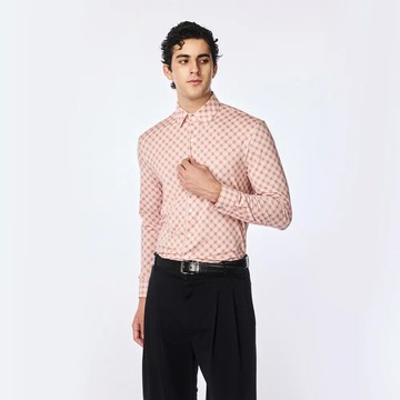 磚紋印花彈性涼感長袖襯衫 落日橙 S