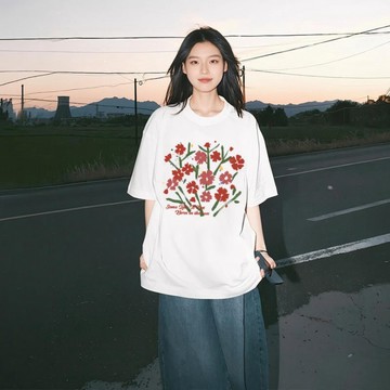 oversize寬鬆復古風韓系小眾百搭白色純棉重磅短袖 男女生上衣 印花寬鬆情侶短袖T 上衣女 美式t  韓版T 大學T
