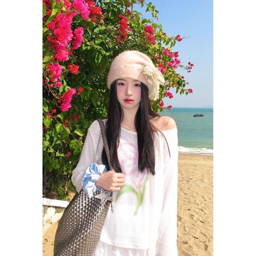 夏季必備🌞 熱帶扶桑花印花斜肩長袖T恤女夏新款寬鬆休閒慵懶風防曬罩衫上衣