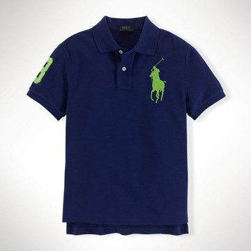 美國百分百【Ralph Lauren】Polo 衫 RL 短袖 網眼 大馬 素面 深藍 綠馬 男 S XS號 B003