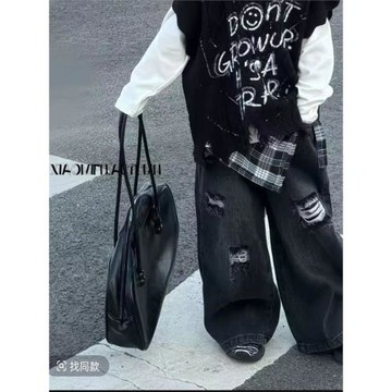 男童格子屁簾拼接牛仔褲春秋痞帥兒童韓版寬松闊腿褲炸街破洞褲潮