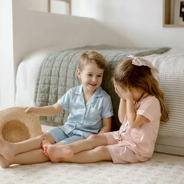 BEBE SILK 兒童頂級真絲睡衣｜短袖套裝 - 雲朵藍-130