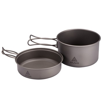 ATUNAS折疊鈦套鍋組(2入)(湯鍋/平底煎鍋/無毒鈦金屬/登山炊具/露營/野炊/戶外餐具/GetSport)
