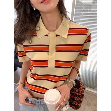 小清新甜美撞色條紋短袖針織衫外穿通勤氣質顯瘦polo衫正肩打底衫