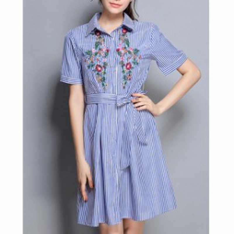 青 シャツワンピース 半袖 リボン付き リボン半袖シャツワンピース・全