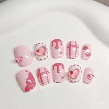 😍加一出品😍手工美甲穿戴甲粉色格紋少女心超萌奶油甜心卡通可愛小短甲可拆卸純手工穿戴甲 NKH3