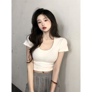 微胖u領正肩短袖辣妹遮肚藏肉t恤