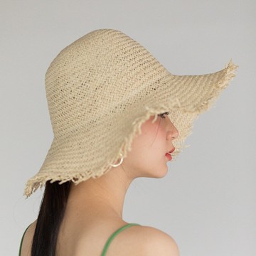 FINDSENSE X 日系毛邊漁夫帽子百搭純色大沿草帽女夏天防曬遮陽沙灘帽