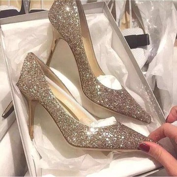 2024新款新娘鞋婚鞋女尖頭銀色水晶鞋亮片高跟鞋細跟婚紗伴娘單鞋