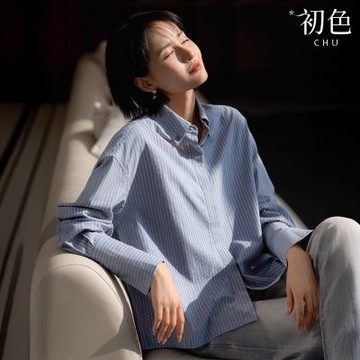 初色 法式休閒風條紋翻領不規則裁切設計長袖襯衫上衣女上衣-藍色-15922(M-XL可選)