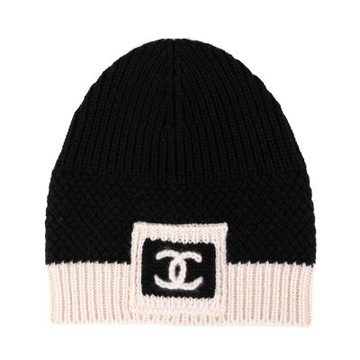 CHANEL 方形雙色C LOGO 喀什米爾針織毛帽(黑色)