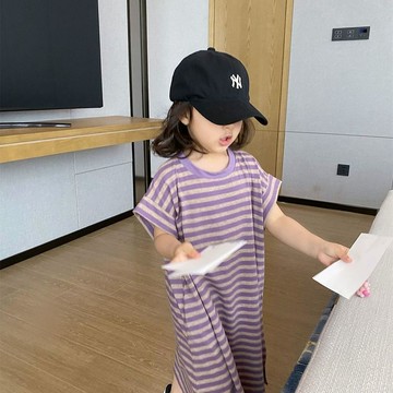 ❤️AL❤️ 女童睡衣 女童睡裙 兒童睡裙 高檔森系2026夏季新款女寶寶韓版女童紫色條紋短袖T恤連衣裙長款