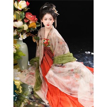 山遲【荼靡】漢服山茶花唐制風顯瘦齊胸襦裙大袖衫少女春夏套披帛