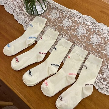 韓系 潮牌 she字母 純色 刺繡 男女 ins 潮流 洋氣 中筒襪 聯名 時尚 堆堆襪 中筒襪