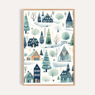冬季小鎮風格 / 雪白松林小屋 節慶掛畫 海報 無框畫