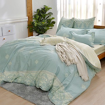 【Great Living格蕾寢飾】義大利La Belle 賽亞風範 特大純棉防蹣抗菌吸濕排汗兩用被床包組