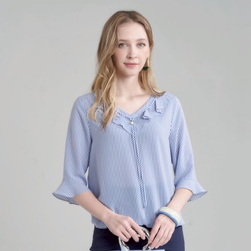 CLL巧玲瓏 藍白條紋荷葉領上衣 7163111