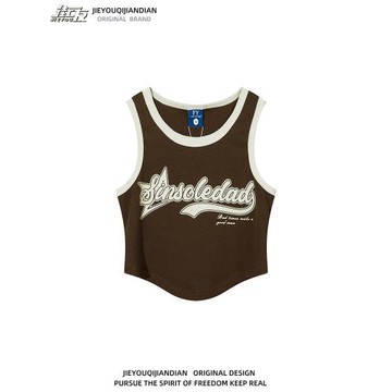 簡約粉黑撞色甜辣風短款針織背心女新中修身牌嘻哈字母印花吊帶潮