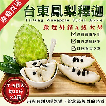 【新鮮直送】嚴選台東鳳梨釋迦x3箱（大粒果7~9顆／10斤）外銷等級 產地直送