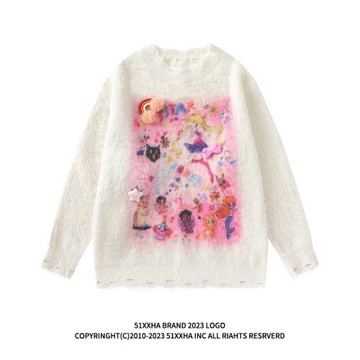 51嘻哈美式潮牌慵懶風寬松套頭毛衣男女軟糯可愛情侶海馬毛針織衫