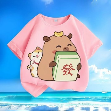 【臺灣-出貨】兒童短袖 卡皮巴拉T恤中大兒童男女童短袖100純棉夏季寬鬆2024新款衣服學生