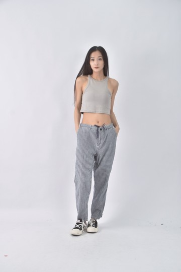 (L) uniqlo質感亞麻棉質格紋藍色長褲
