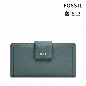 FOSSIL Logan 真皮扣式RFID防盜中長夾-霧藍色 SL7830451