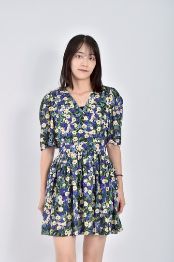 (S) dallya質感短袖花卉藍色洋裝
