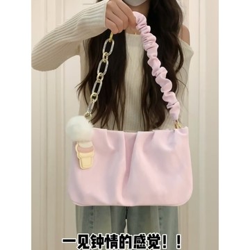 免運🎀法式小衆褶皺雲朵包包女2025新款高級感鏈條法棍腋下包單肩斜挎包大容量 斜背包 側背包 韓國小眾包 購物袋 肩背包