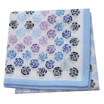 YSL Yves Saint Laurent 優雅玫瑰圖騰品牌字母LOGO帕領巾(白/水藍邊/50CM)