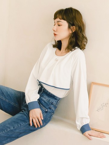 不易皺雪紡拼接珍珠飾釦撞色長袖上衣