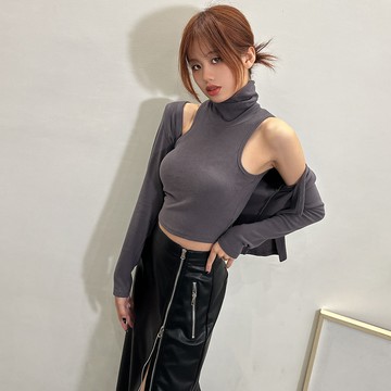 磨毛高領背心/外套套裝-深灰【KT24564】