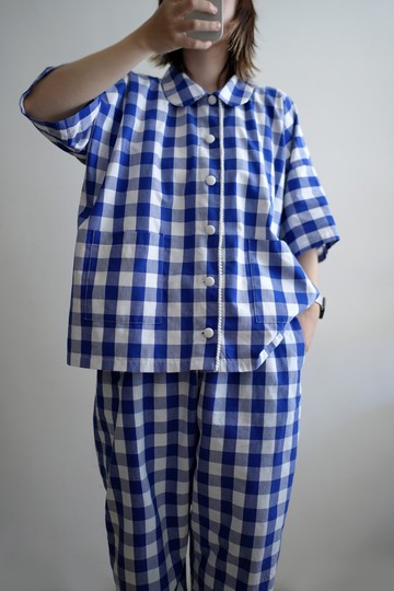 藍白大格小花邊寬版襯衫
